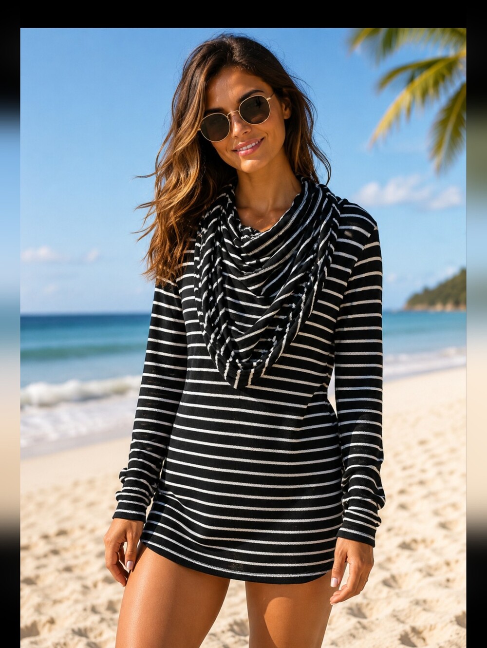 ENTI GLAMOUR Lightweight Sweater Top Women's Black/ WhiteStriped S Long Slv. #W2
